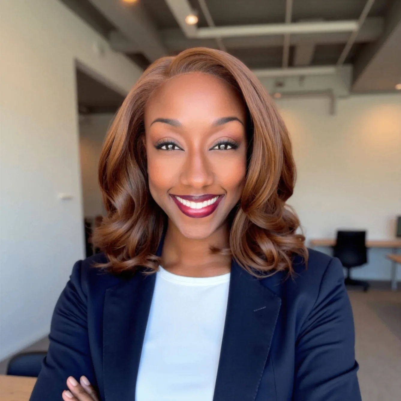 Rachel Bolton smiling in a modern office while wearing a dark blazer